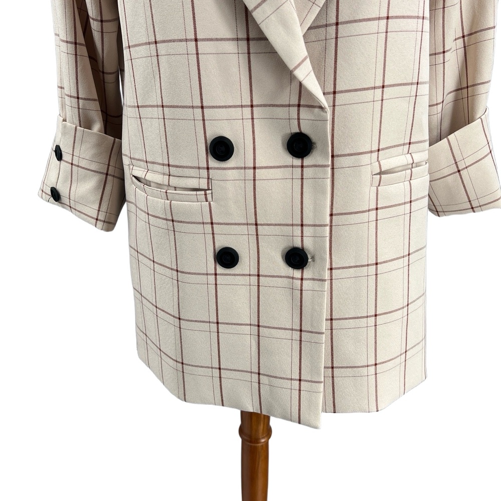 Women’s Plaid Double Breasted Blazer Jacket Beige Brown Check Size M Unbranded - Picture 4 of 5